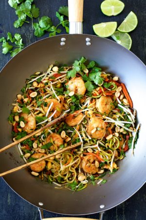 Shrimp Pad Thai with Zucchini Noodles in wok.