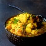 Cauliflower, Red Lentil and Potato curry in bowl.