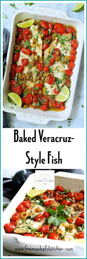 Pinterest graphic for Baked Veracruz-Style Fish showing two servings in a white rectangular baking dish.