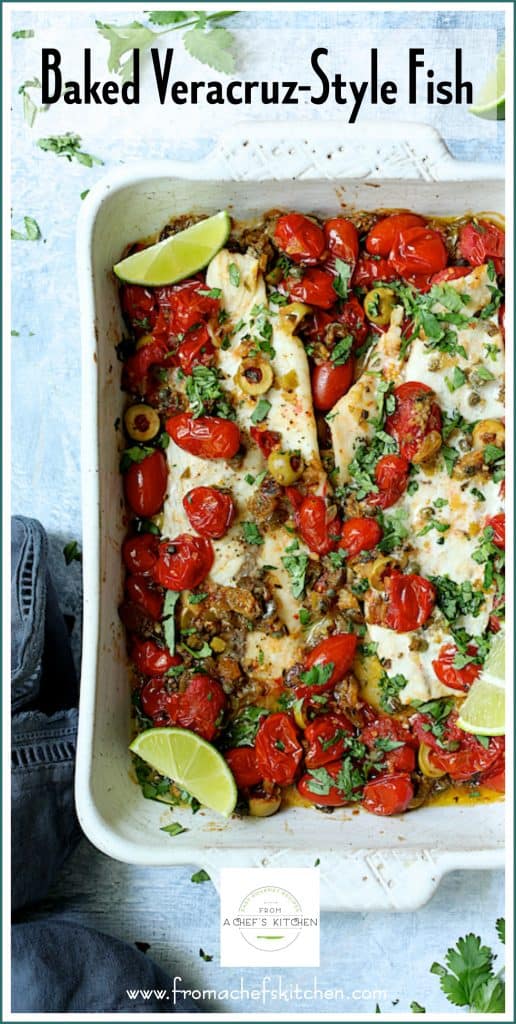 Pinterest graphic for Baked Veracruz-Style Fish showing two servings in a white rectangular baking dish.