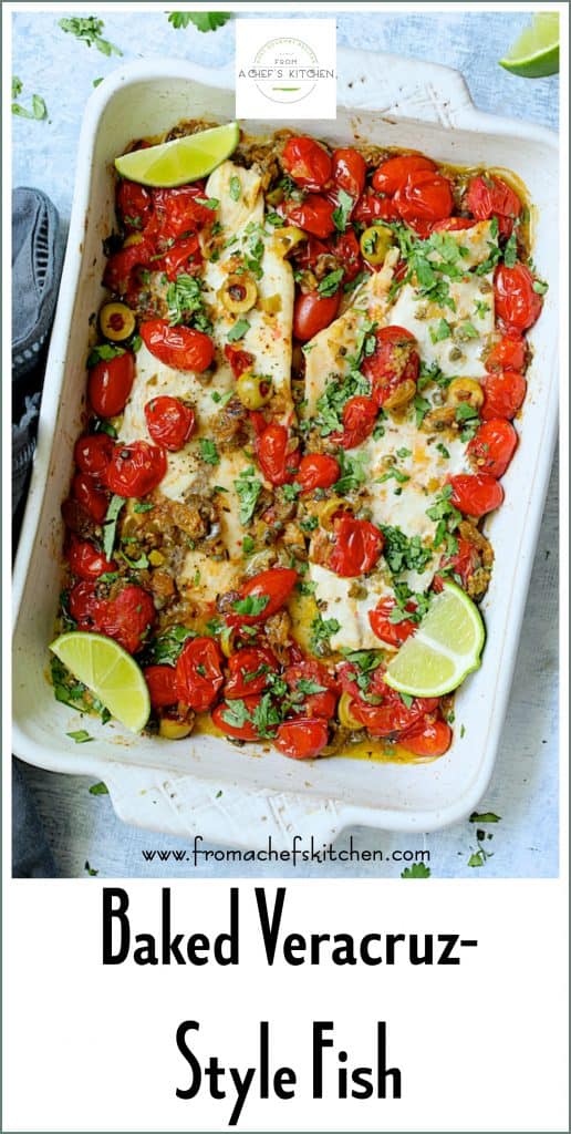 Pinterest graphic for Baked Veracruz-Style Fish showing two servings in a white rectangular baking dish.