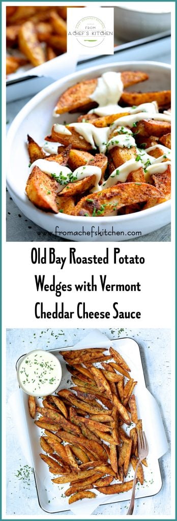 Pinterest graphic for Old Bay Roasted Potato Wedges with Vermont Cheddar Cheese sauce.