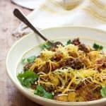 Spaghetti Squash Fideos in white bowl.