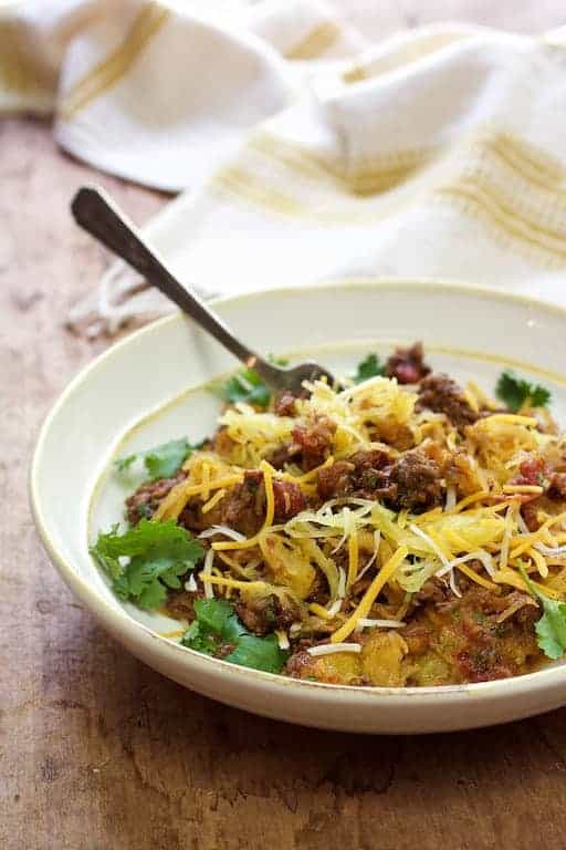 Spaghetti Squash Fideos in white bowl.