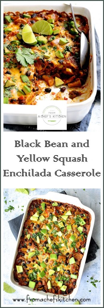 Pinterest graphic for Black Bean and Yellow Squash Enchilada Casserole showing it in a white baking dish.