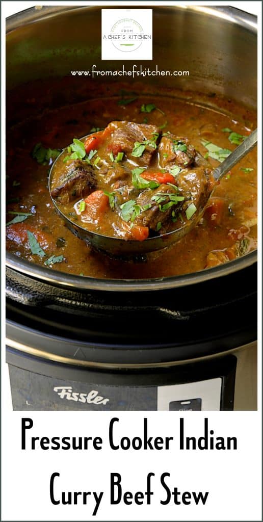 Pinterest graphic for Indian Curry Beef Stew showing a ladle lifting some out of a pressure cooker.