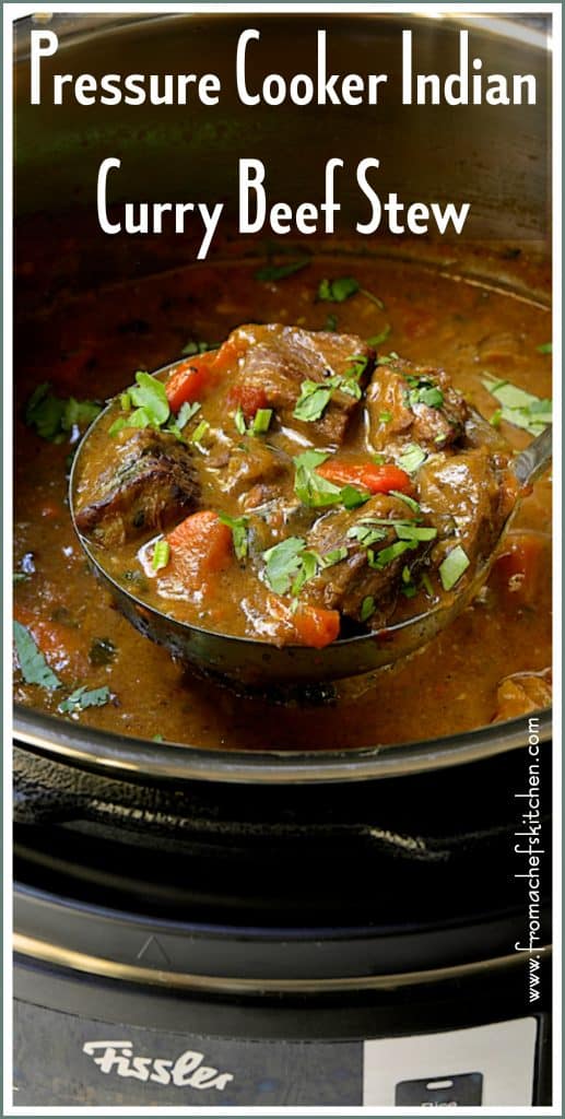 Pinterest graphic for Indian Curry Beef Stew showing a ladle lifting some out of a pressure cooker.