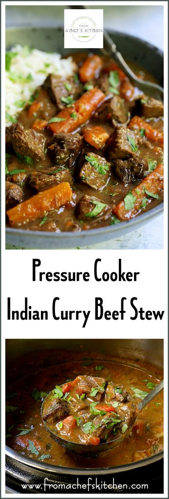 Pinterest graphic for Indian Curry Beef Stew showing one image in a gray bowl and the second in the pressure cooker.