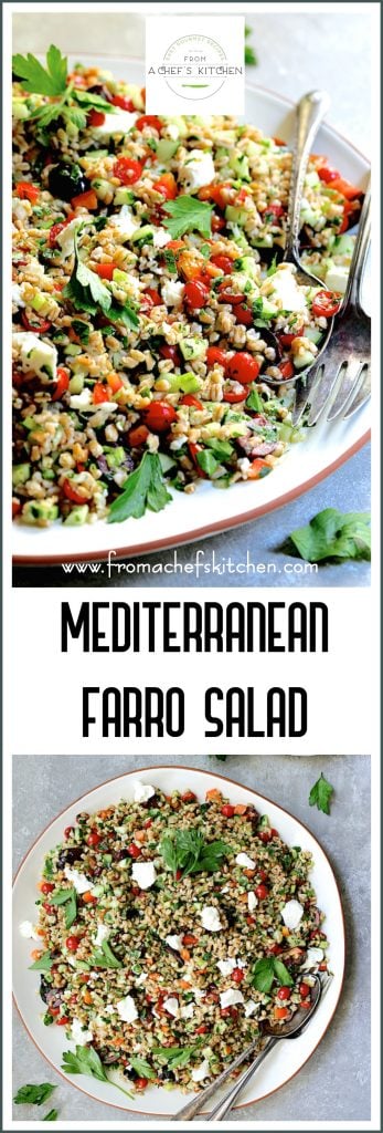 Pinterest graphic for Mediterranean Farro Salad showing two images of it on a white round platter with serving utensils.