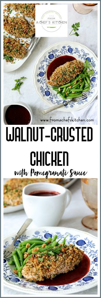 Pinterest graphic for Walnut-Crusted Chicken with Pomegranate Sauce showing two images with one serving each on a blue decorative plate.