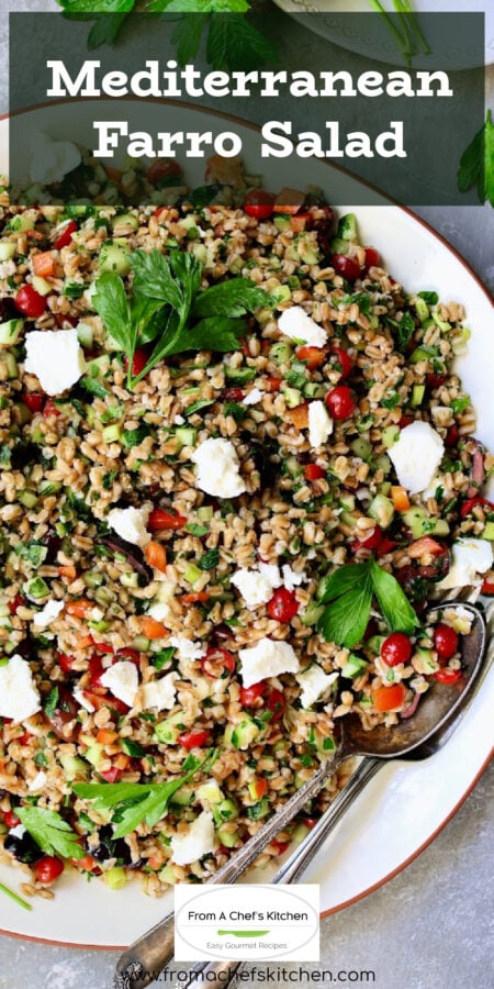 Pinterest graphic for Mediterranean Farro Salad showing it on a white platter.