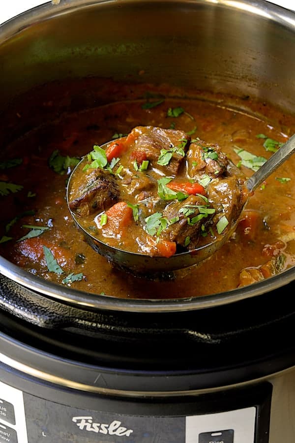 Close-up photo of a ladle full of the beef stew being served from pressure cooker.