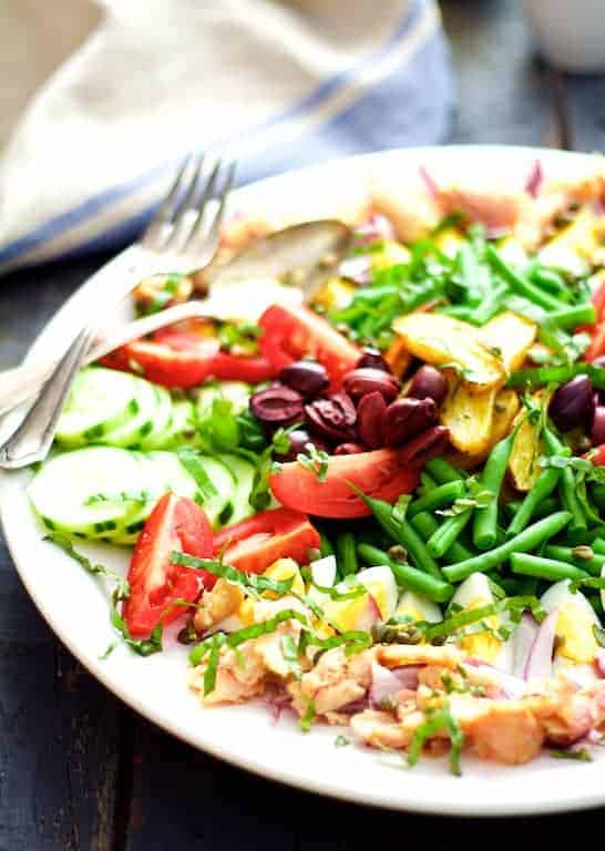 Salade Nicoise on white platter.