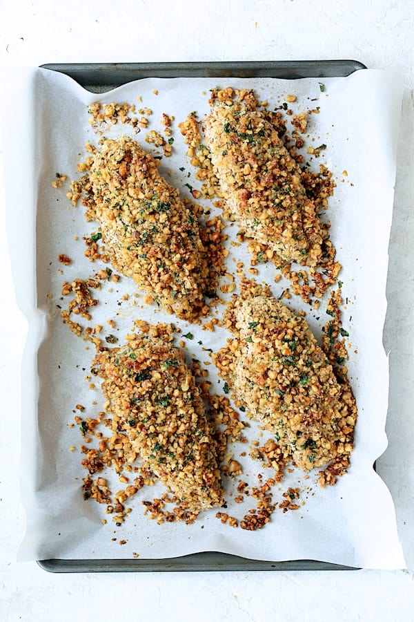 Walnut-Crusted Chicken with Pomegranate Sauce - Overhead shot of chicken after being baked