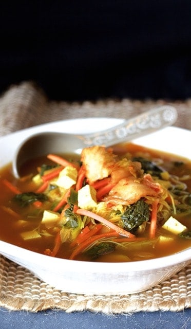 Asian Vegetable Soup in white soup bowl.