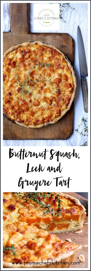 Pinterest graphic for Butternut Squash, Leek and Gruyere Tart on wood cutting board.