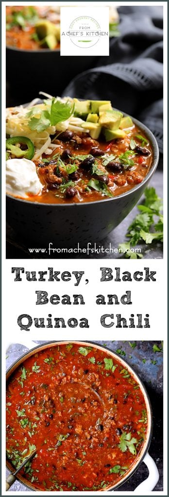 Pinterest graphic for Turkey, Black Bean and Quinoa Chili showing one serving in gray speckled bowl and in a white Dutch oven.
