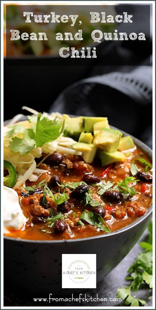 Pinterest graphic for Turkey, Black Bean and Quinoa Chili showing one serving in gray speckled bowl.