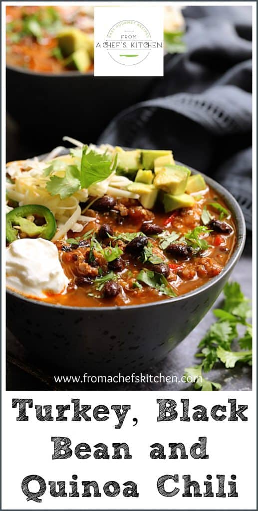 Pinterest graphic for Turkey, Black Bean and Quinoa Chili showing one serving in gray speckled bowl.