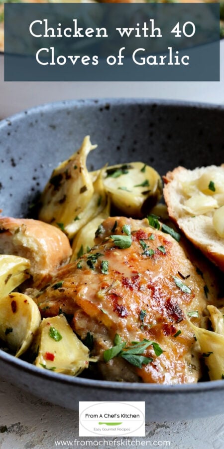 Pinterest graphic for Chicken with 40 Cloves of Garlic showing one serving in gray speckled bowl.
