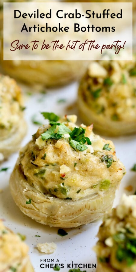 Pinterest graphic for Deviled Crab-Stuffed Artichoke Bottoms.