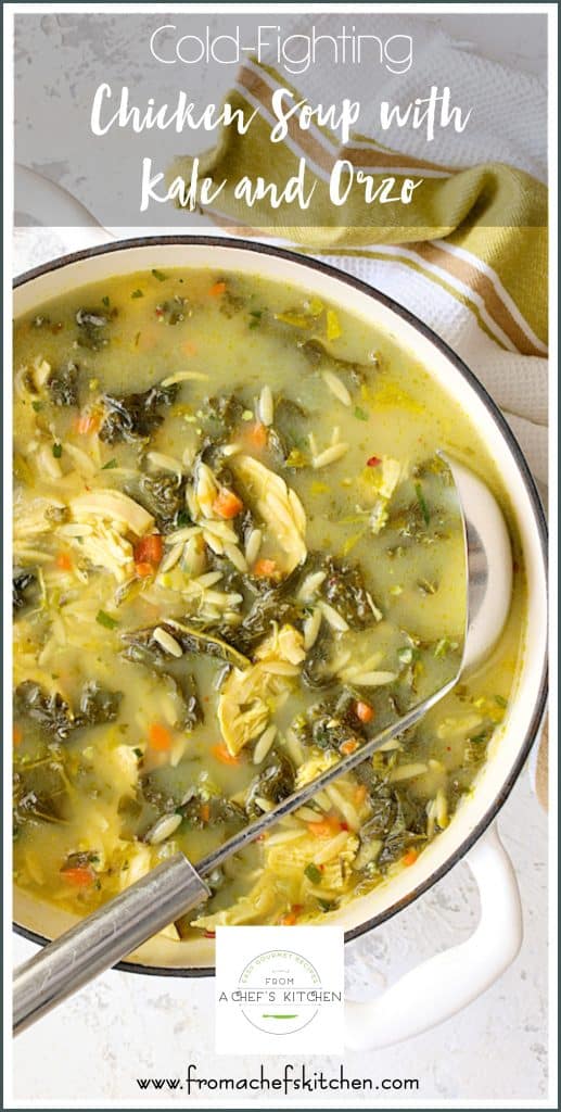 Pinterest graphic for Cold-Fighting Chicken Soup with Kale and Orzo showing it in a white Dutch oven.