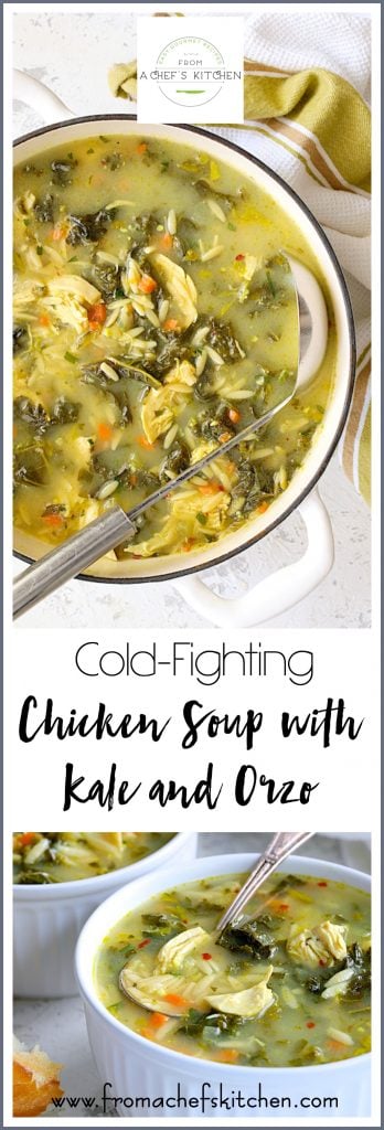 Pinterest graphic for Cold-Fighting Chicken Soup with Kale and Orzo showing it in a white Dutch oven and white bowl.