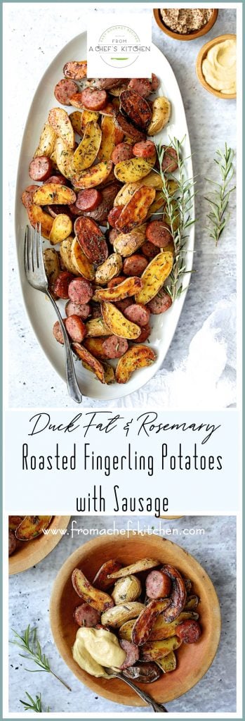 Pinterest graphic for Duck Fat and Rosemary Roasted Fingerling Potatoes with Sausage showing it on an oval white platter and wood bowl.