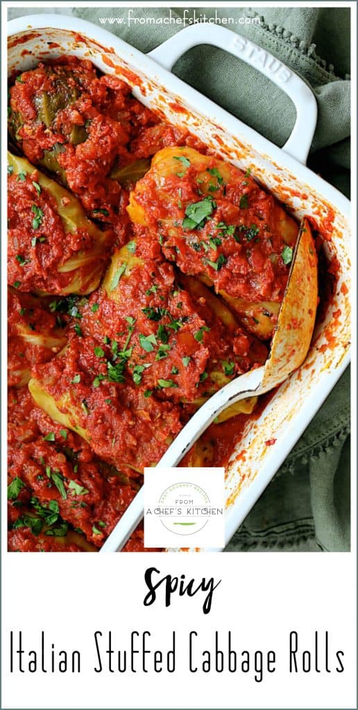 Pinterest graphic for Spicy Italian Stuffed Cabbage Rolls showing them in a white rectangular pan.