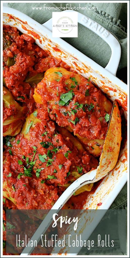 Pinterest graphic for Spicy Italian Stuffed Cabbage Rolls showing them in a white rectangular pan.