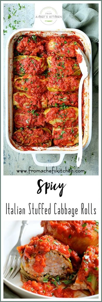 Pinterest graphic for Spicy Italian Stuffed Cabbage Rolls showing them in a white rectangular pan.