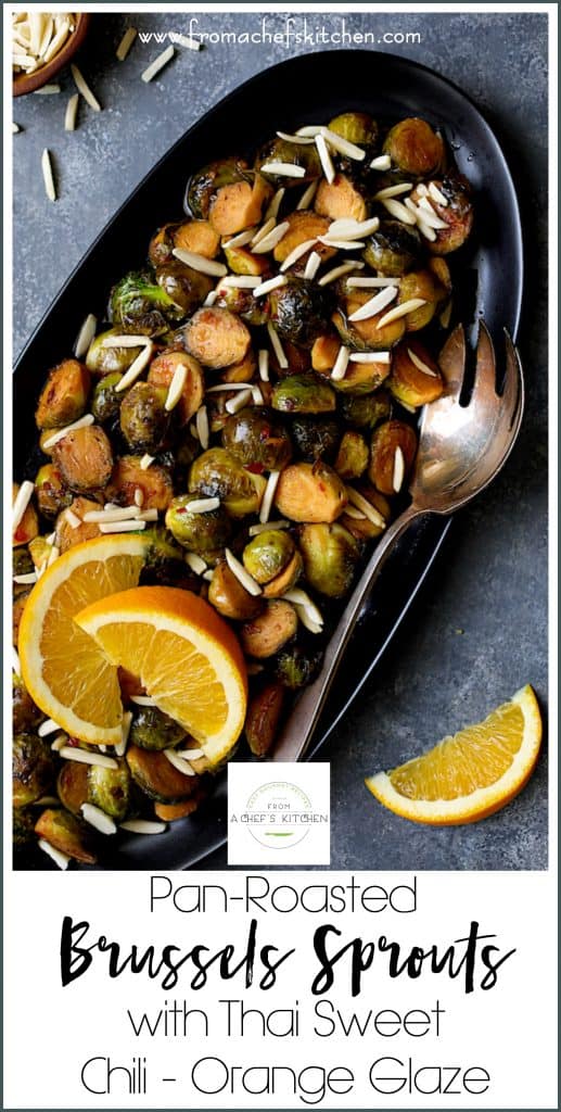 Pinterest graphic for Pan-Roasted Brussels Sprouts with Thai Sweet Chili Orange Glaze showing them on a black oval platter.