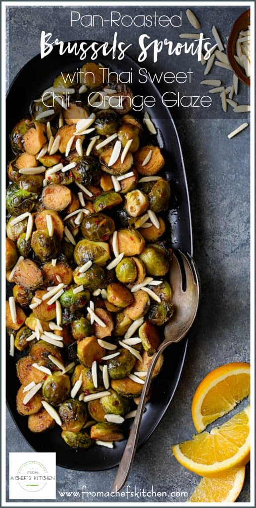 Pinterest graphic for Pan-Roasted Brussels Sprouts with Thai Sweet Chili Orange Glaze showing them on a black oval platter.