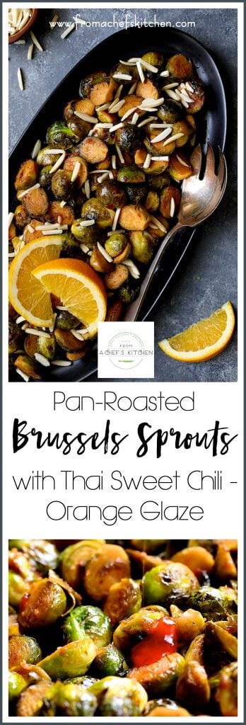 Pinterest graphic for Pan-Roasted Brussels Sprouts with Thai Sweet Chili Orange Glaze showing them on a black oval platter.