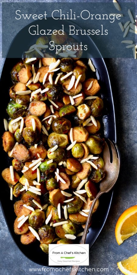 Pinterest graphic for Sweet Chili - Orange Glazed Brussels Sprouts showing them on an oval black platter with serving spoon.