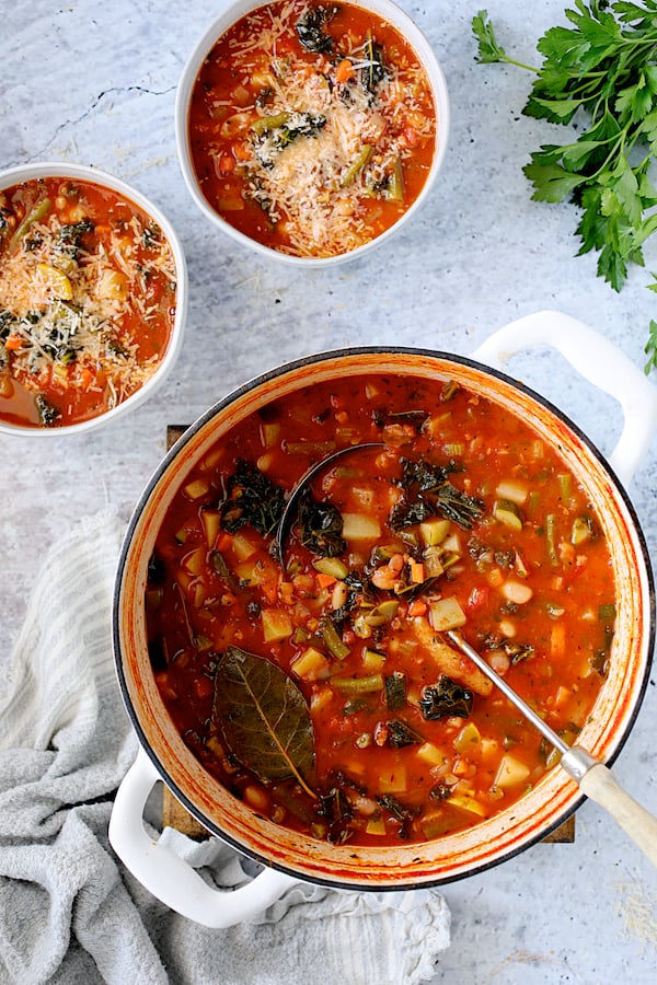 Photo of Italian Vegetable Stew in white Dutch oven with some served in two white soup bowls.