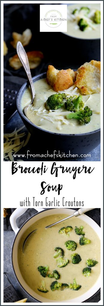 Pinterest graphic for Broccoli Gruyere Soup showing one serving in a blue bowl and in a white Dutch oven.