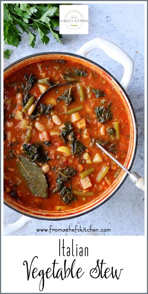 Pinterest graphic for Italian Vegetable Stew showing it in a white Dutch oven.