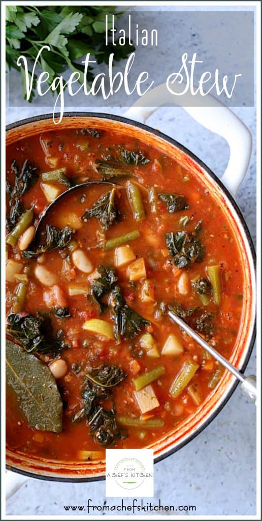Pinterest graphic for Italian Vegetable Stew showing it in a white Dutch oven.