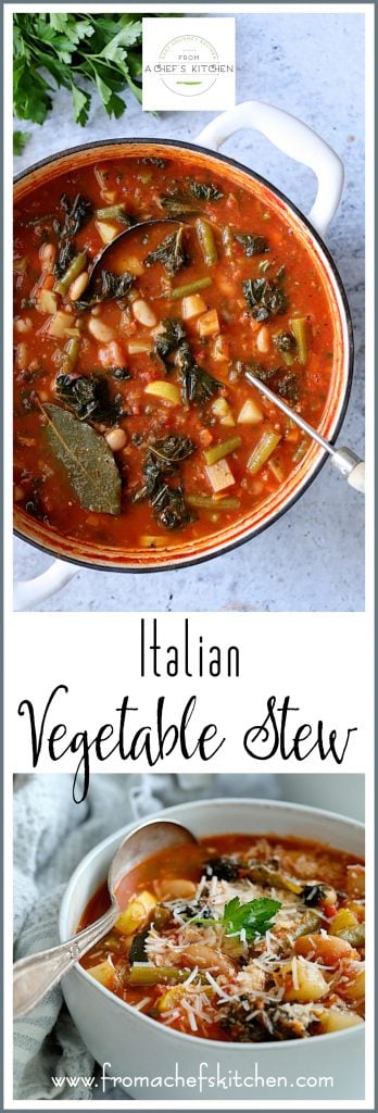 Pinterest graphic for Italian Vegetable Stew showing two images with one of it in a white Dutch oven and another of one serving in a white bowl.