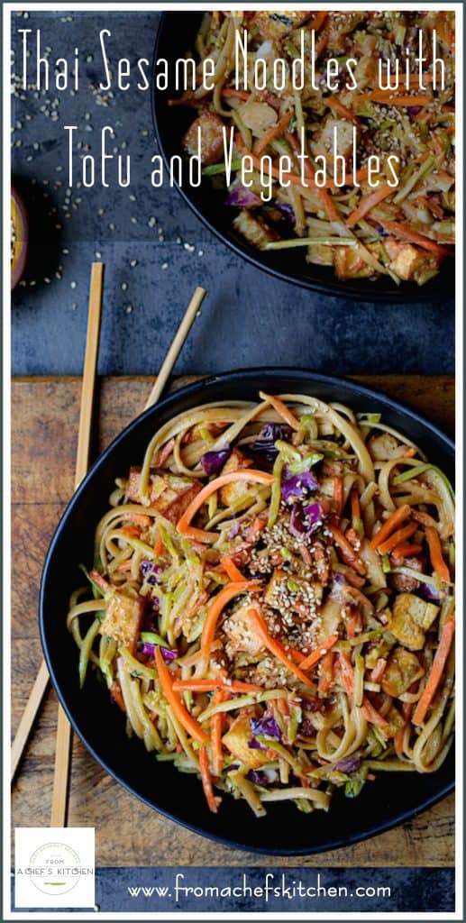 Pinterest graphic for Thai Sesame Noodles with Tofu and Vegetables showing two bowls with chopsticks.
