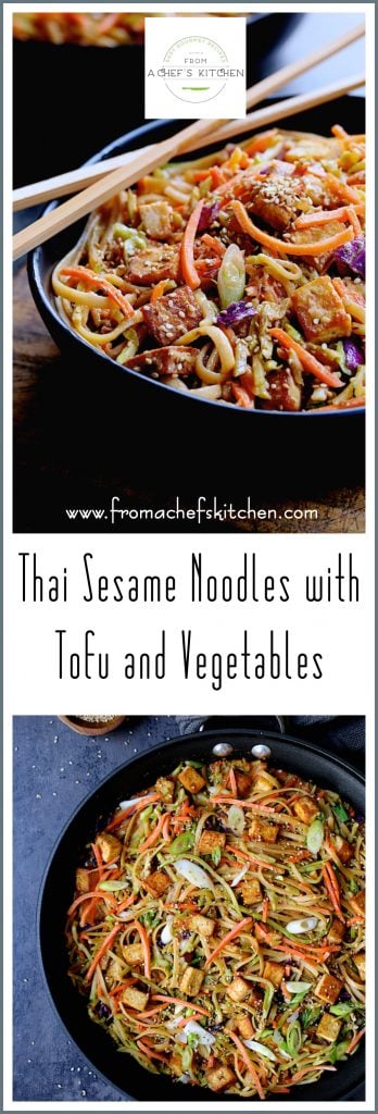 Pinterest graphic for Thai Sesame Noodles with Tofu and Vegetables showing it in a bowl with chopsticks and another in a skillet.