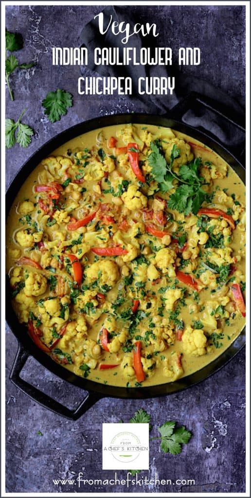 Pinterest graphic for Vegan Indian Cauliflower and Chickpea Curry showing it in a black cast iron skillet.