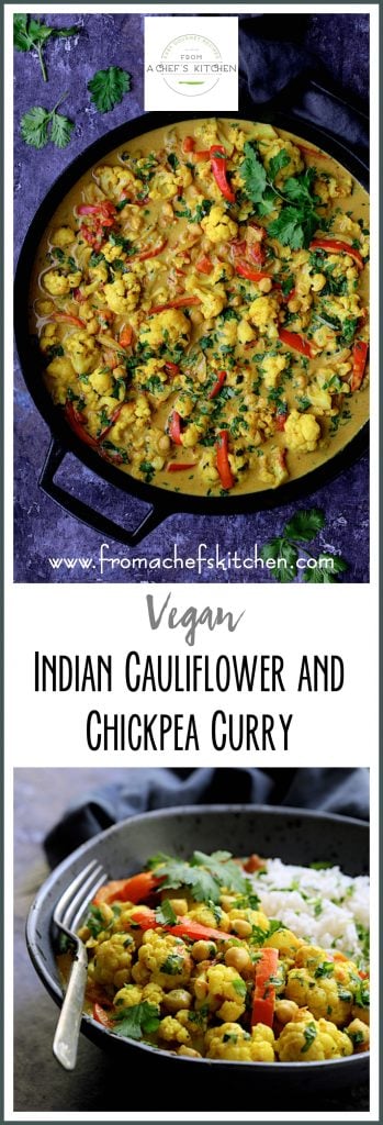 Pinterest graphic for Vegan Indian Cauliflower and Chickpea Curry showing it in a black cast iron skillet and a second showing one serving in a gray bowl.