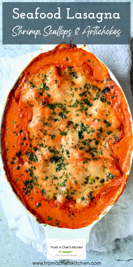 Pinterest graphic for Seafood Lasagna showing it in a white oval baking dish.
