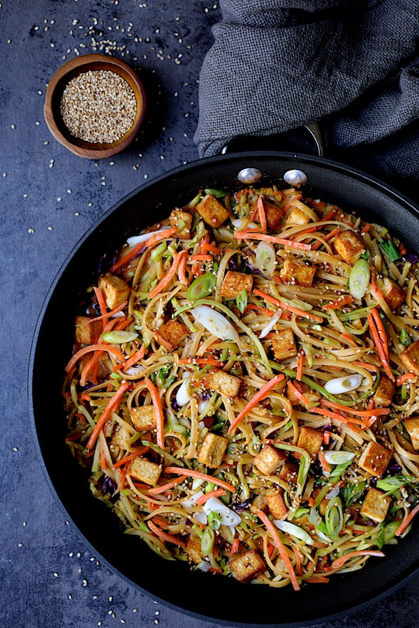 Thai Sesame Noodles with Tofu and Vegetables - Overhead shot of noodle dish in skillet