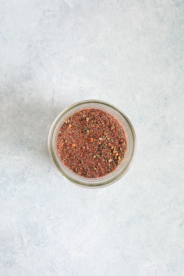Overhead shot of jar of blackening mix all combined