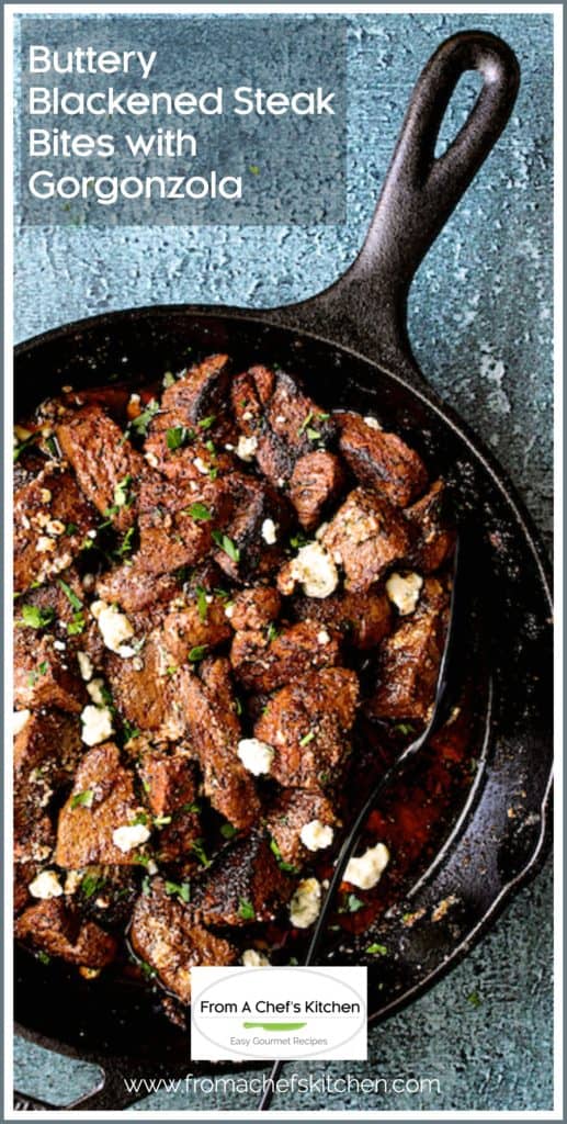 Pinterest graphic for Buttery Blackened Steak Bites with Gorgonzola showing it in a black cast iron skillet.