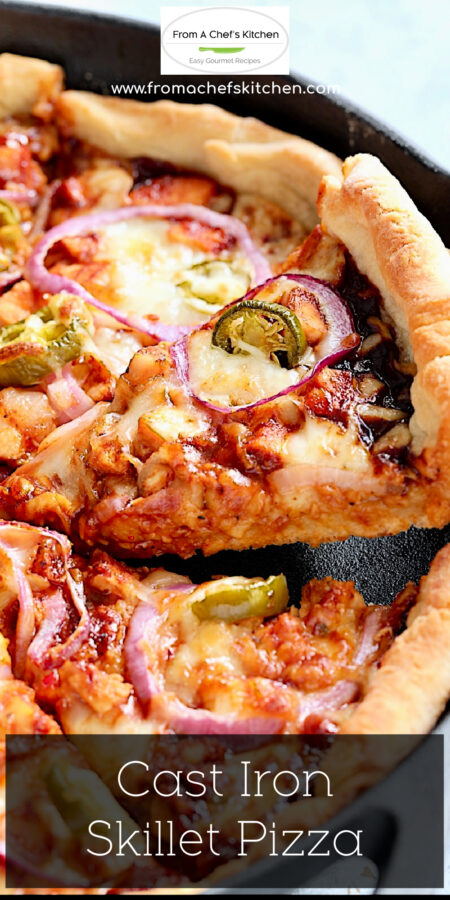 Pinterest graphic for Cast Iron Skillet Pizza showing a piece being pulled from the skillet.