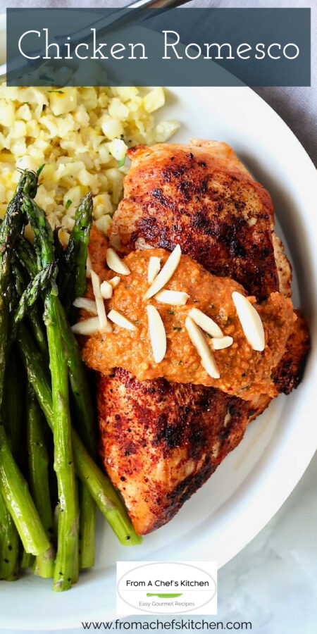 Pinterest graphic for Chicken with Romesco showing it in a white dinner bowl.